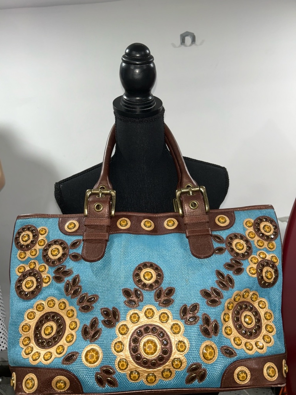Isabella Fiore Turquoise Canvas Floral Embellished Tote with Brown Trim